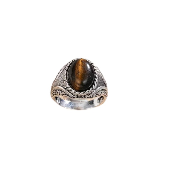 Silver Engraved Ring with Marbled Brown Tiger Oval Stone - Picture 3 of 4